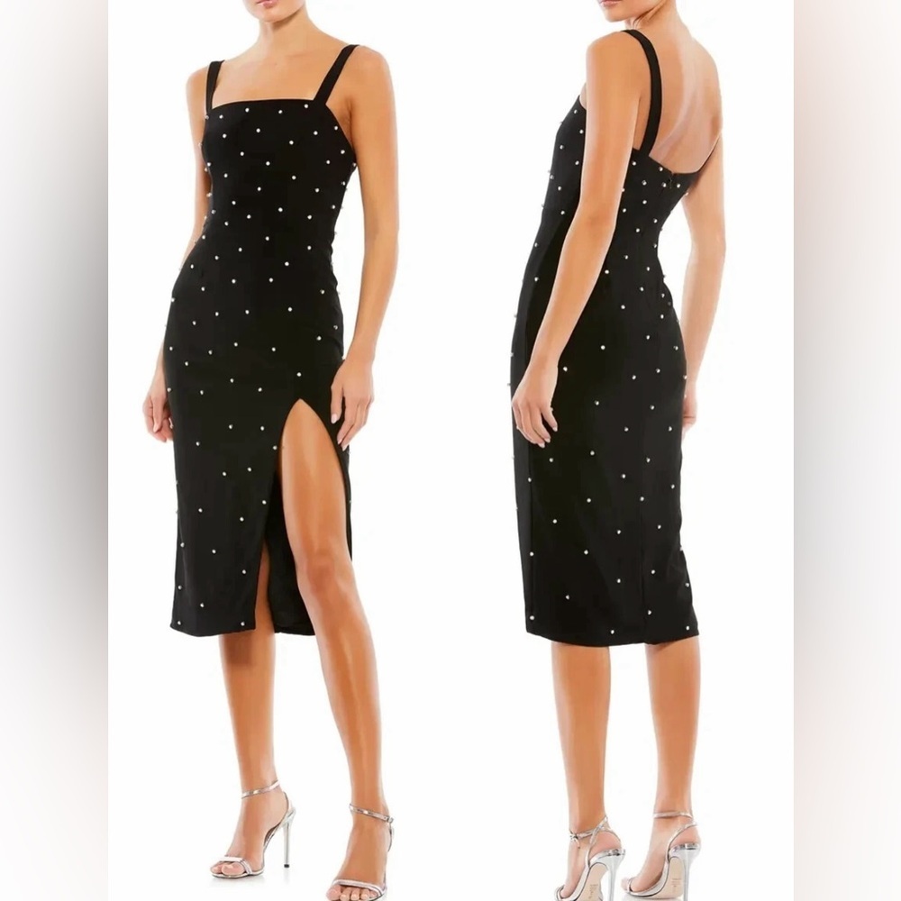 NEW Mac Duggal Black Embellished Square Neck Sleeveless Midi Dress sz 4